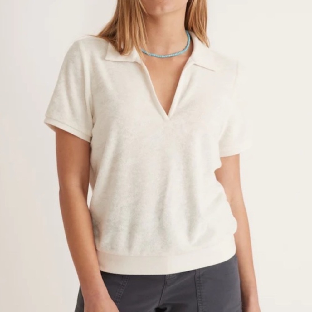 Marine Layer Johnny Collar Terry Cloth Polo Shirt, antique white, small